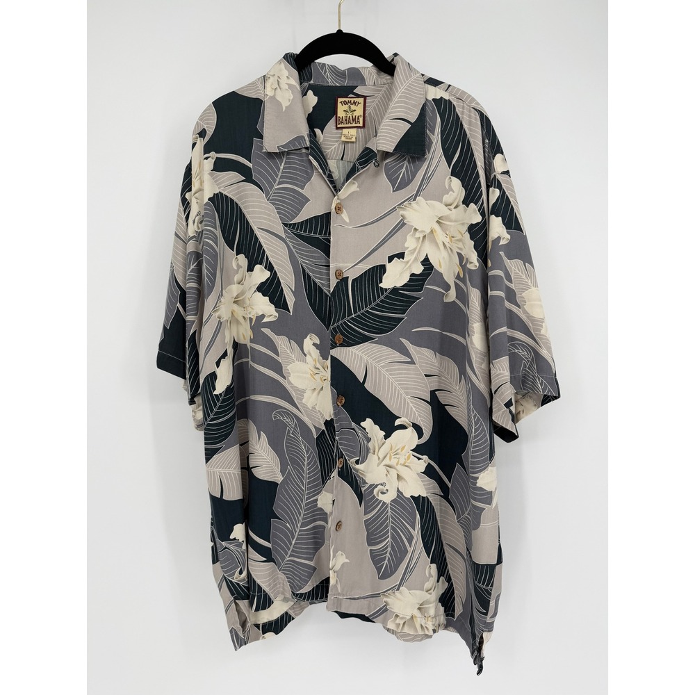 Tommy Bahama Mens Large 100% Silk Blue Grey Tropical Floral Camp Shirt